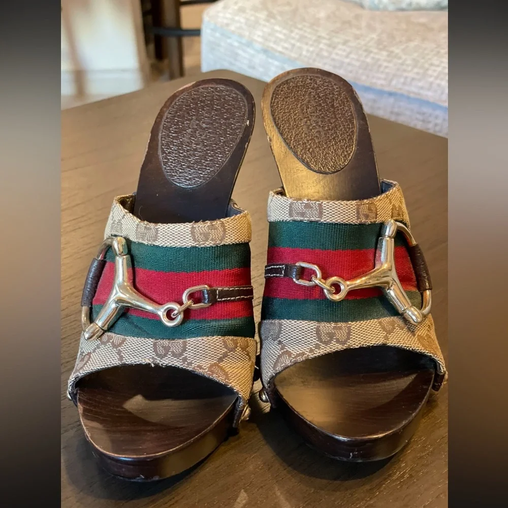 GUCCI Signature Web Horsebit Clog Heel Sandals 5.5 - Picture 2 of 7
